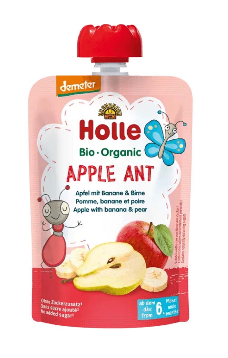 MUS JABŁKOWA MRÓWKA (JABŁKO - BANAN - GRUSZKA) BEZ DODATKU CUKRÓW BEZGLUTENOWA OD 6 MIESIĄCA DEMETER BIO 100 g - HOLLE