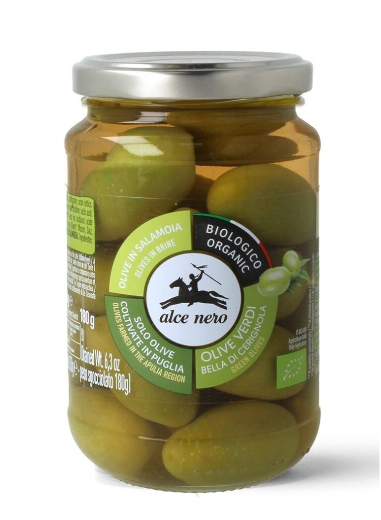 OLIWKI ZIELONE BELLA DI CERIGNOLA Z PESTKĄ W ZALEWIE BIO 350 g (180 g) - ALCE NERO