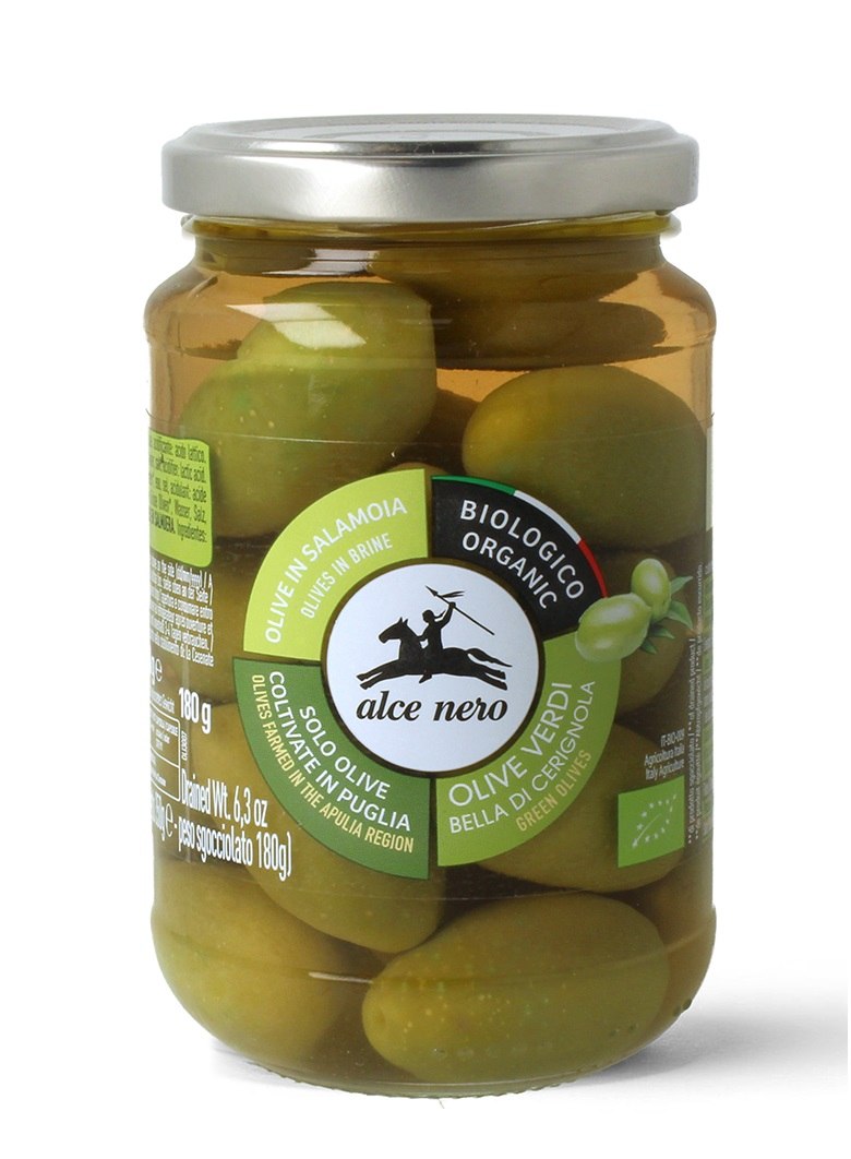 OLIWKI ZIELONE BELLA DI CERIGNOLA Z PESTKĄ W ZALEWIE BIO 350 g (180 g) - ALCE NERO