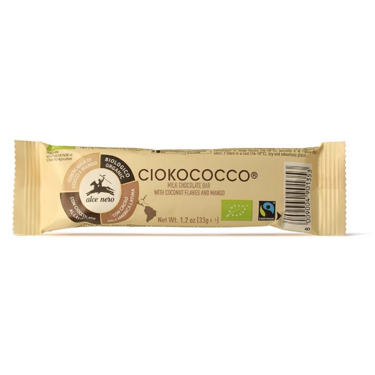 BATON Z NADZIENIEM KOKOS - MANGO - CHRUPKI ZBOŻOWE W POLEWIE Z CZEKOLADY MLECZNEJ FAIR TRADE BIO 33 g - ALCE NERO