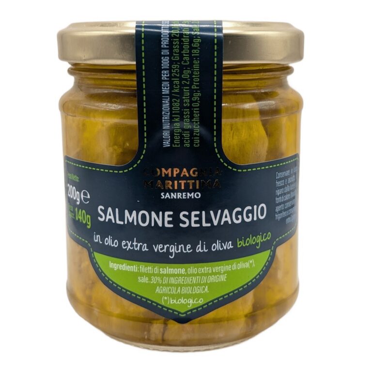 ŁOSOŚ ATLANTYCKI FILETY W BIO OLIWIE Z OLIWEK EXTRA VIRGIN 200 g (SŁOIK) - COMPAGNIA MEDITERRANEA