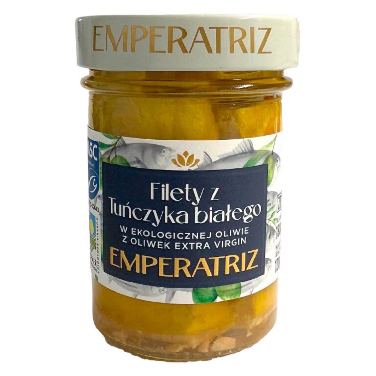 TUŃCZYK BIAŁY FILETY MSC W BIO OLIWIE Z OLIWEK EXTRA VIRGIN 180 g (SŁOIK) - EMPERATRIZ