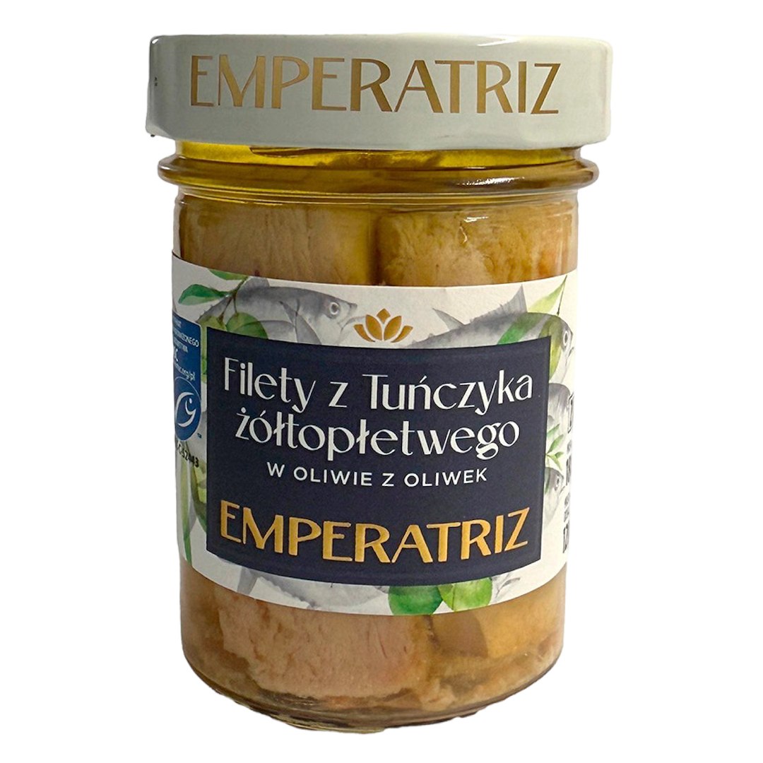 TUŃCZYK ŻÓŁTOPŁETWY FILETY MSC W OLIWIE Z OLIWEK 180 g (SŁOIK) - EMPERATRIZ